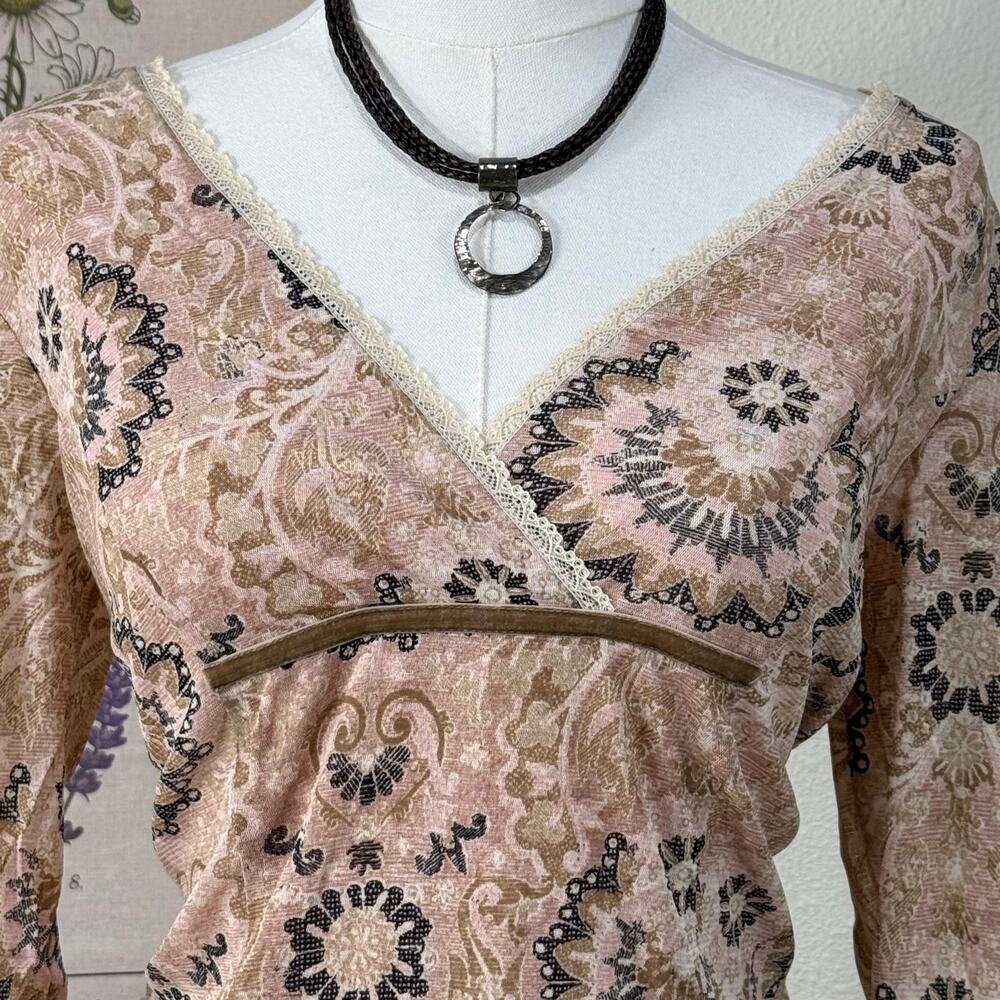 Y2k Pink Print Mesh Babydoll Top Whimsigoth Fairy Femme Dolly Gloomy Coquette M - Picture 2 of 6